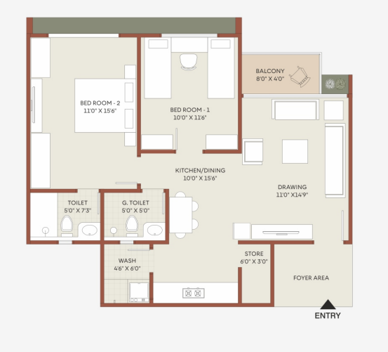 2 BHK floor plan