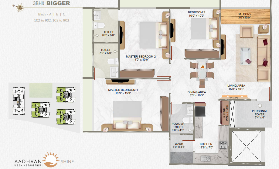 3 BHK floor plan