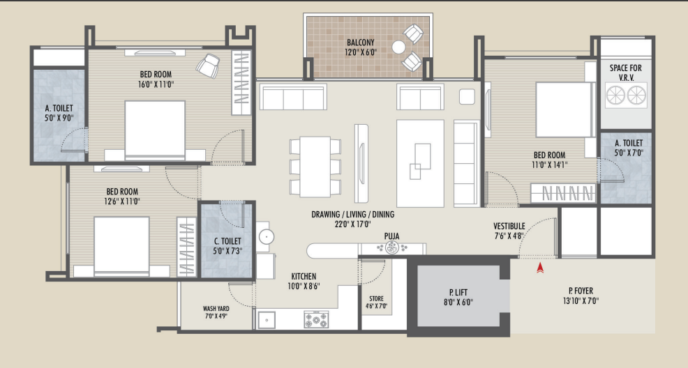 3 BHK floor plan