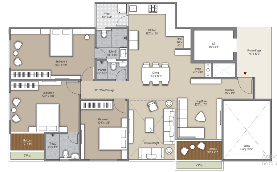 3 BHK floor plan