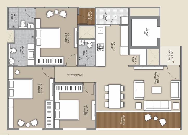 3 BHK floor plan