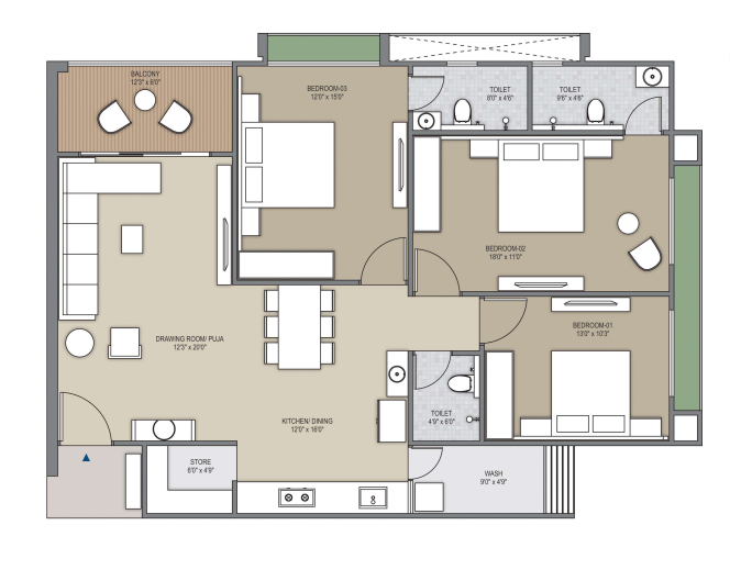 3 BHK floor plan