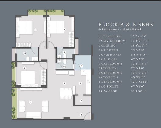 3 BHK floor plan