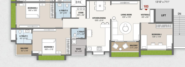 3 BHK floor plan