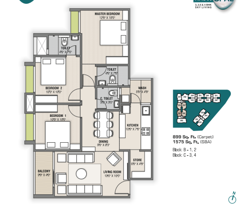 3 BHK floor plan