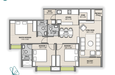 3 BHK floor plan