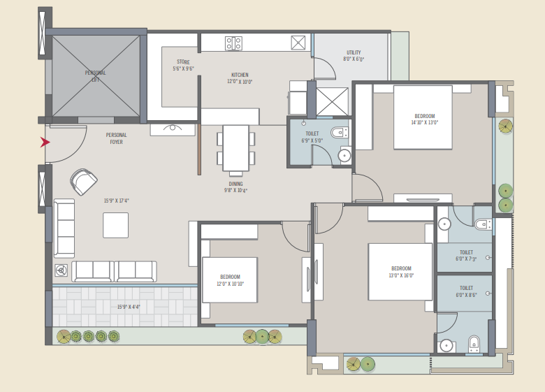 3 BHK floor plan