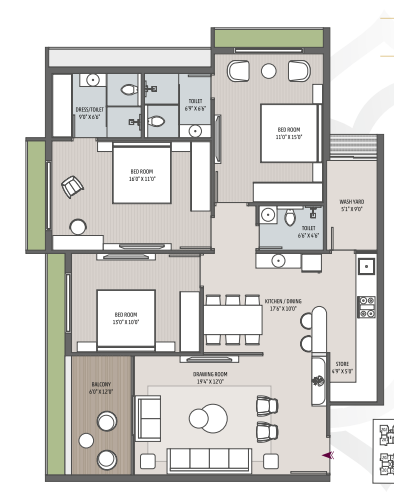 3 BHK floor plan
