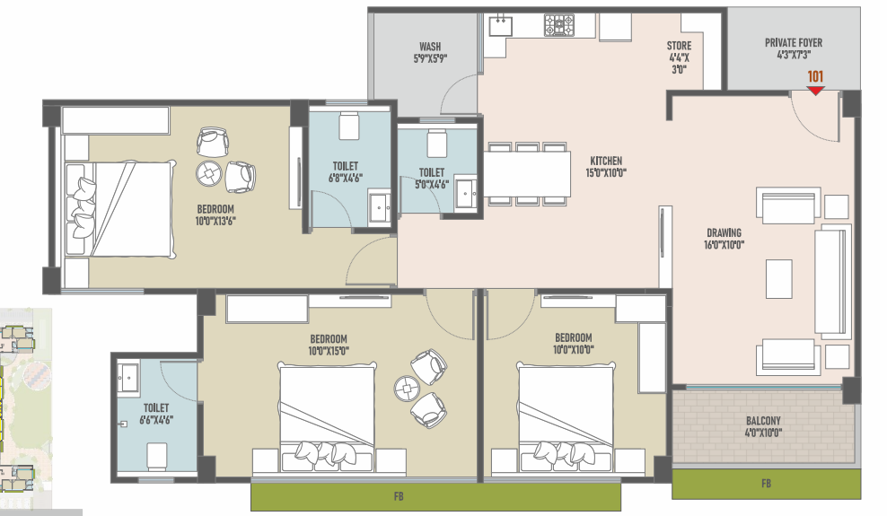 3 BHK floor plan
