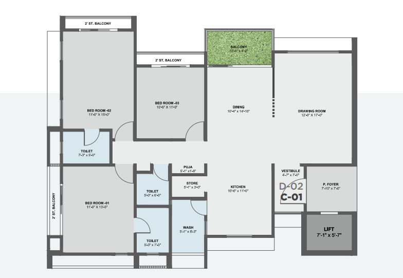 3 BHK floor plan
