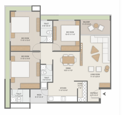 3 BHK floor plan
