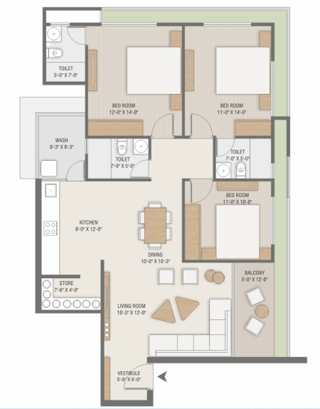 3 BHK floor plan