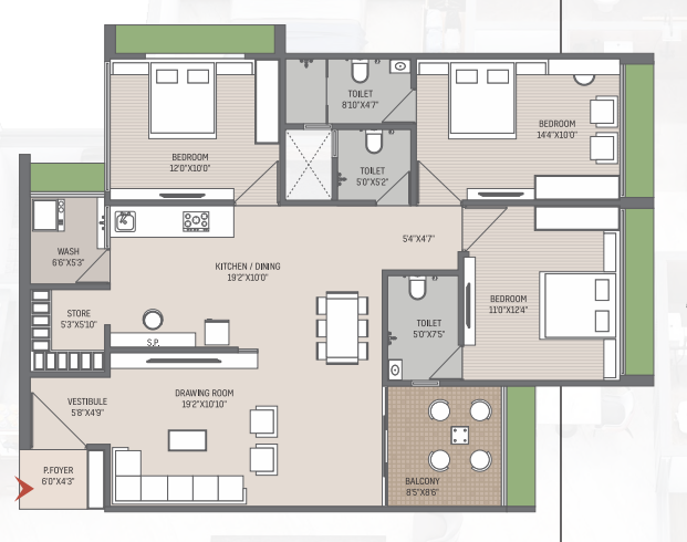 3 BHK floor plan