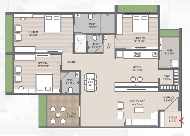 3 BHK floor plan