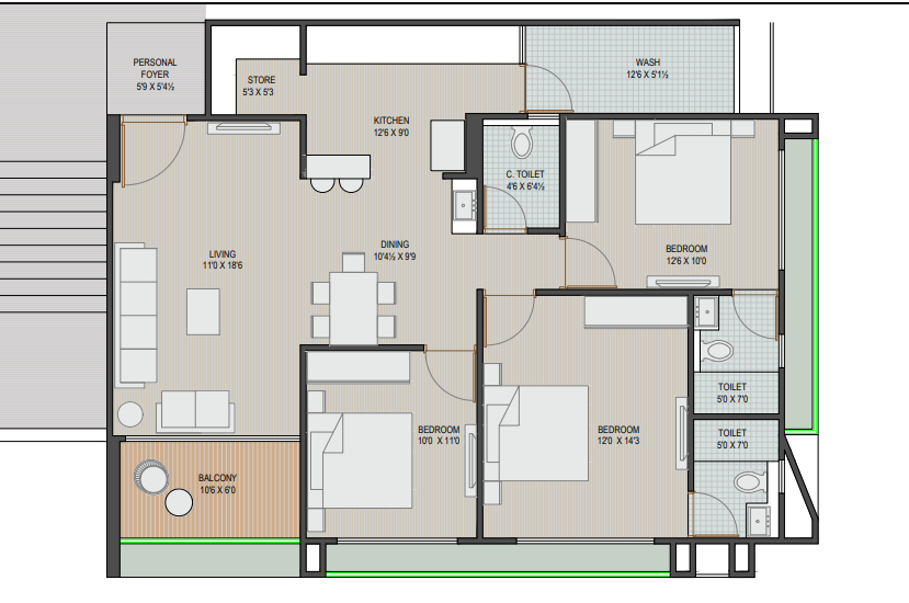 3 BHK floor plan