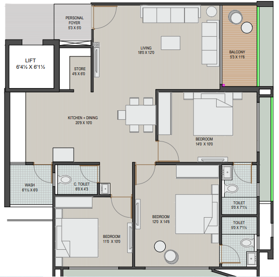 3 BHK floor plan