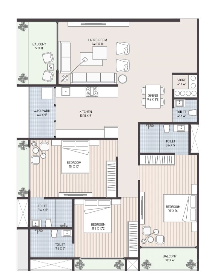 3 BHK floor plan