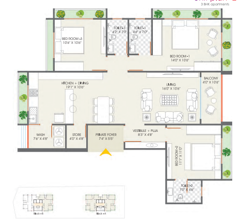 3 BHK floor plan