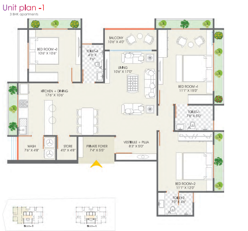 3 BHK floor plan