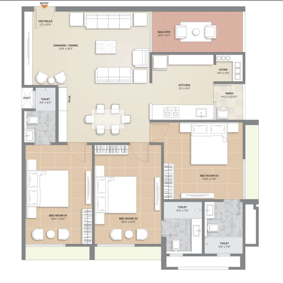 3 BHK floor plan