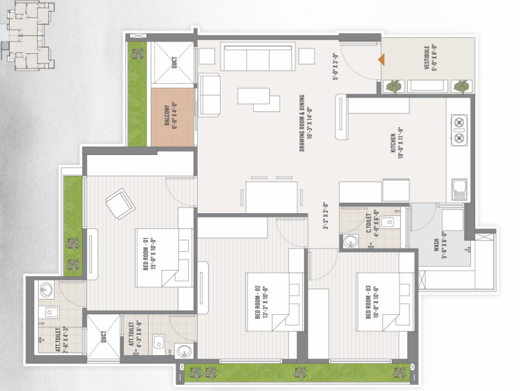 3 BHK floor plan