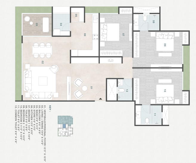 3 BHK floor plan