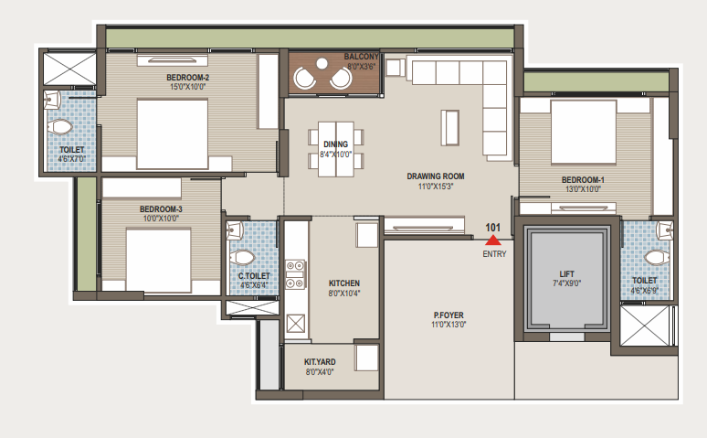3 BHK floor plan