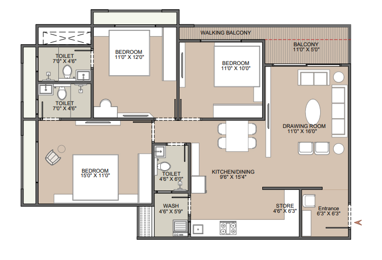 3 BHK floor plan