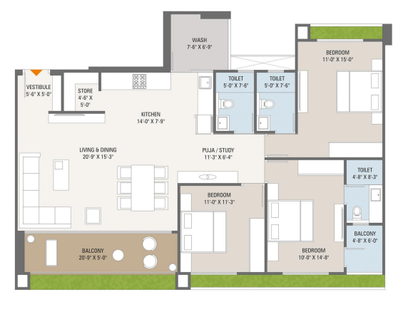 3 BHK floor plan