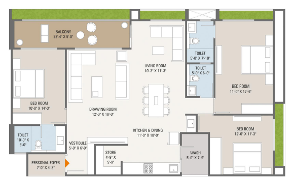 3 BHK floor plan