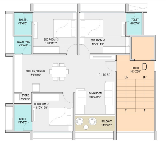 3 BHK floor plan