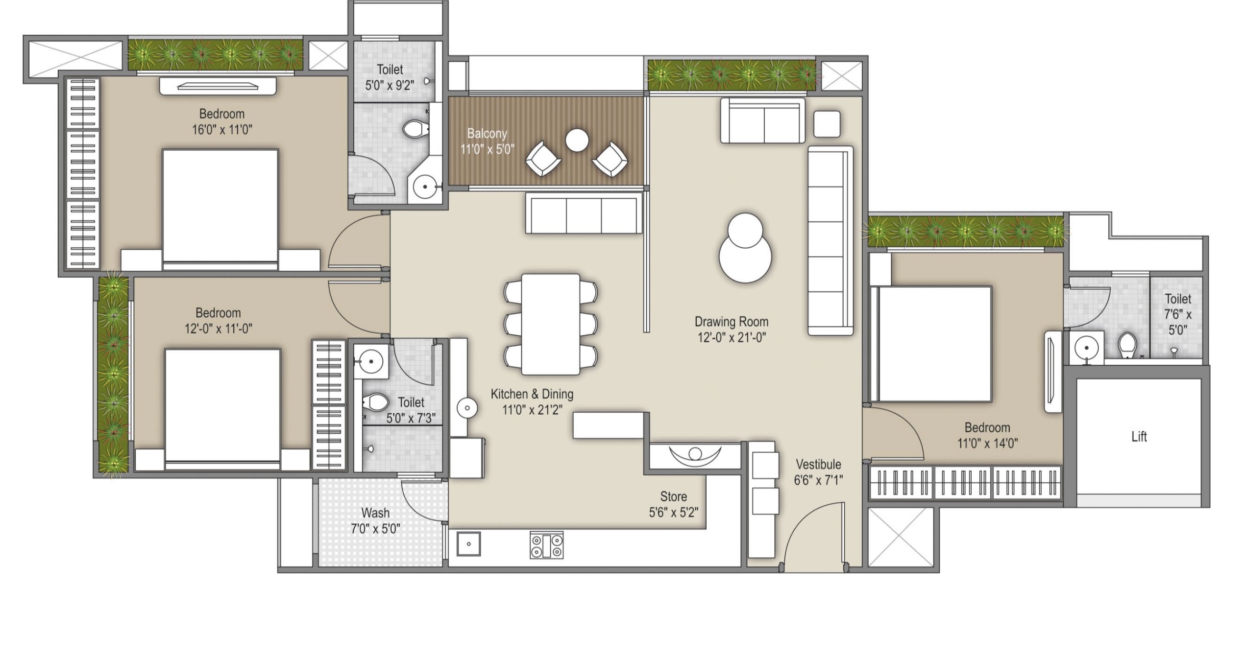 3 BHK floor plan