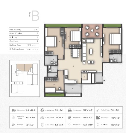 3 BHK floor plan