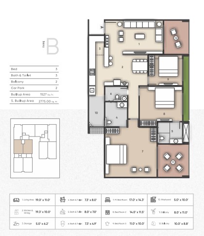3 BHK floor plan