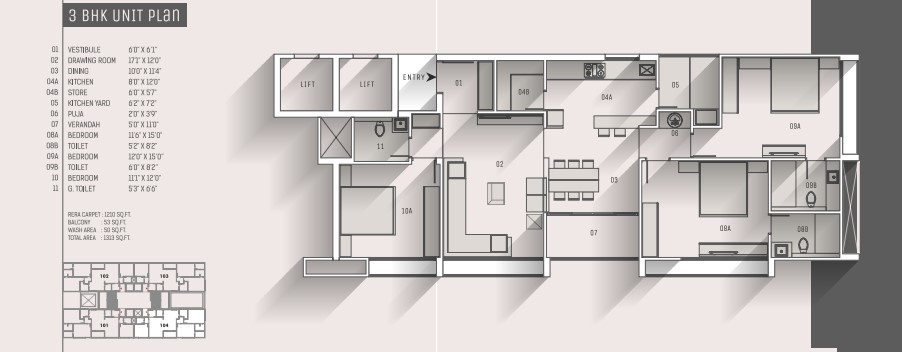 3 BHK floor plan