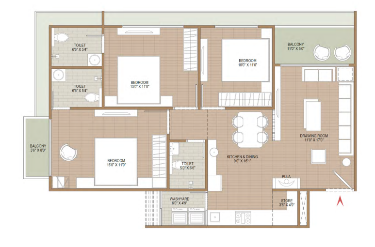 3 BHK floor plan