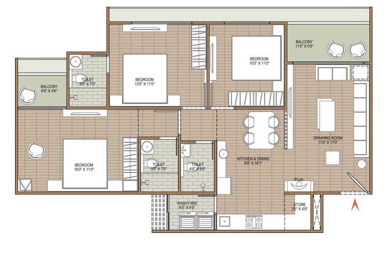 3 BHK floor plan
