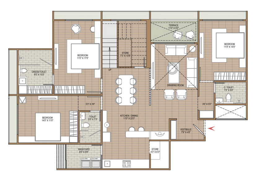 3 BHK floor plan