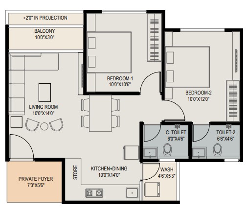 2 BHK floor plan