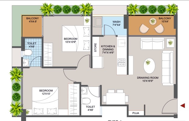 2 BHK floor plan