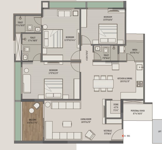 3 BHK floor plan