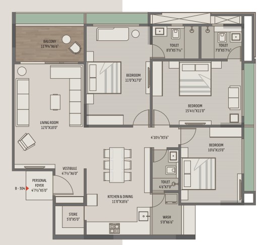 3 BHK floor plan