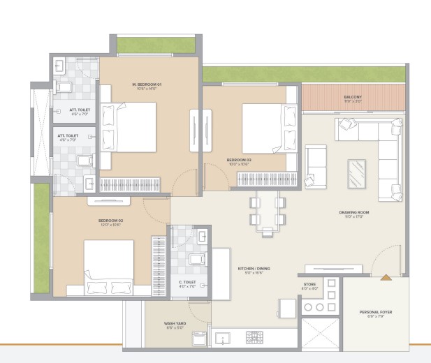 3 BHK floor plan
