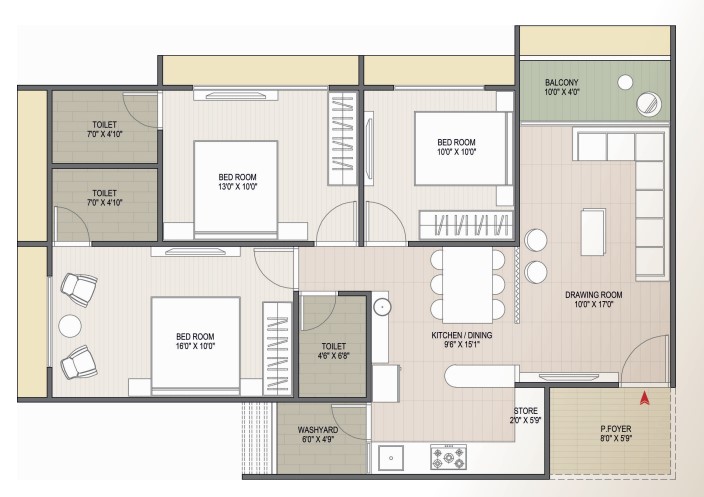 3 BHK floor plan