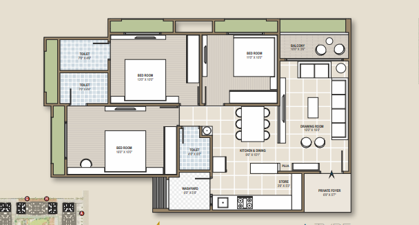 3 BHK floor plan