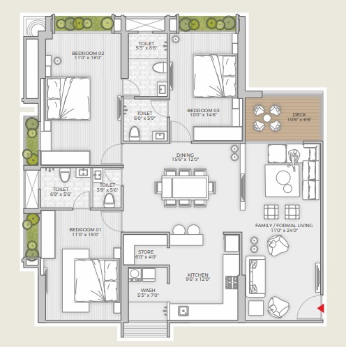 3 BHK floor plan
