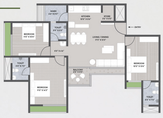 3 BHK floor plan