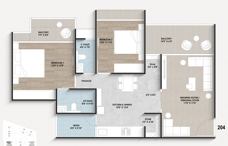 2 BHK floor plan