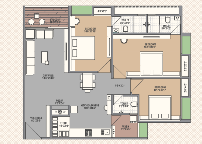 3 BHK floor plan