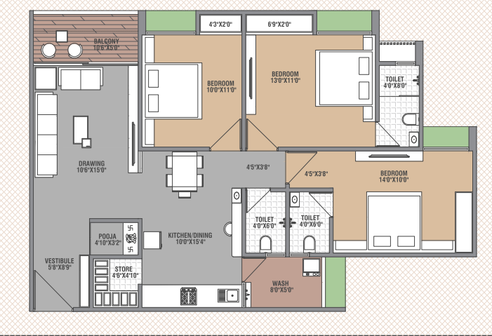 3 BHK floor plan